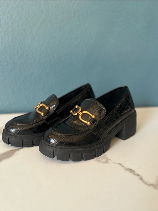 torrid Shoes - Women’s Torrid Chunky Black Croc-Embossed Loafers with Gold Bit Hardware